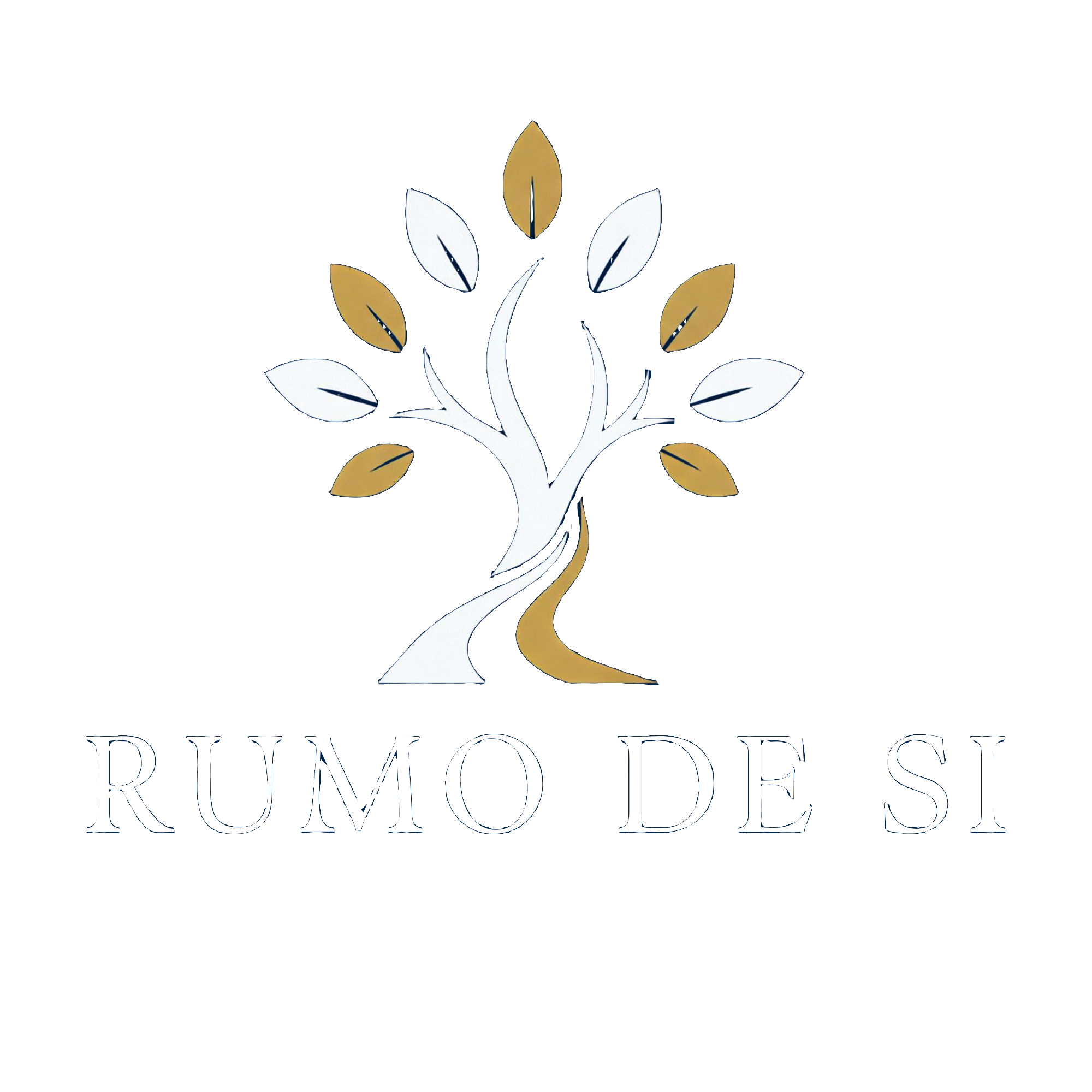 Logotipo da Rumo de Si, com árvore e caminho em branco e dourado.